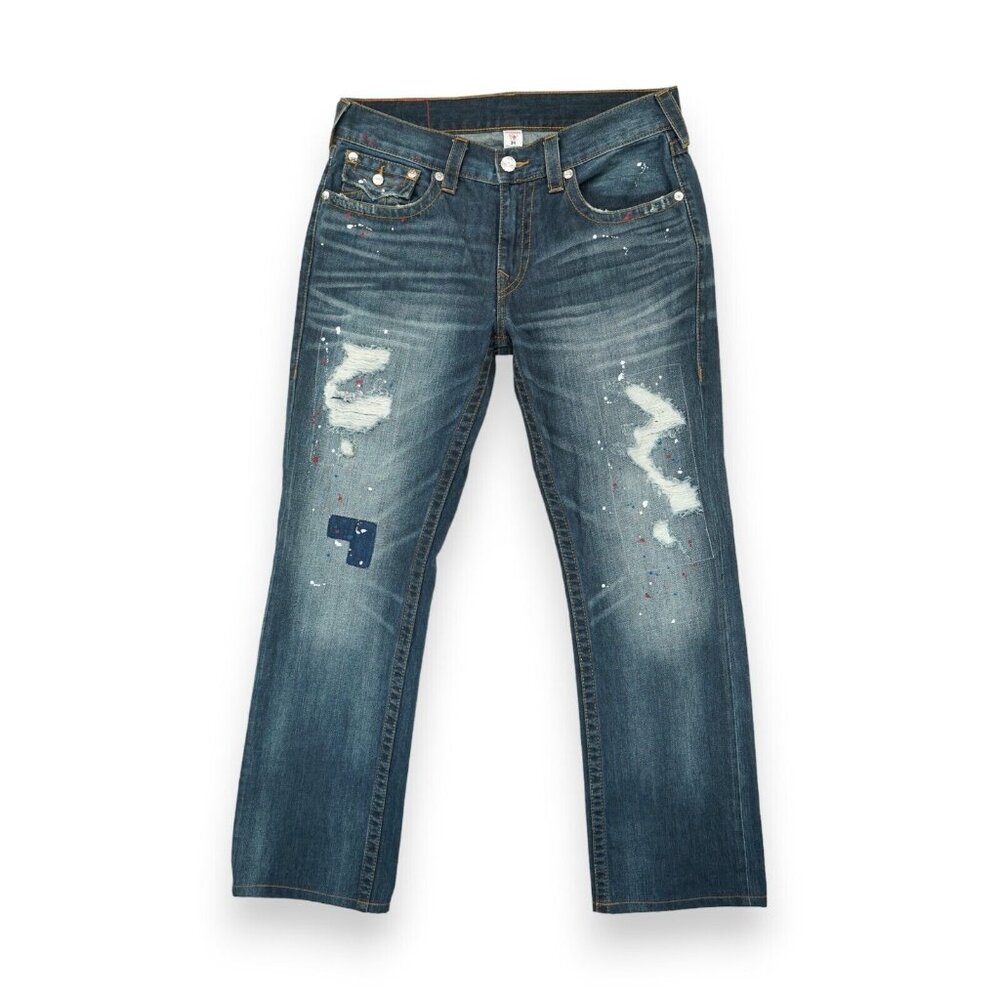 True Religion Men's Straight Paint Splatter Jeans Patched Size 34" x 31" Blue